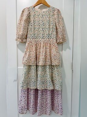 Free the Roses Floral Tiered Ruffle Eyelet Puff Sleeve Cottagecore Maxi Dress (M